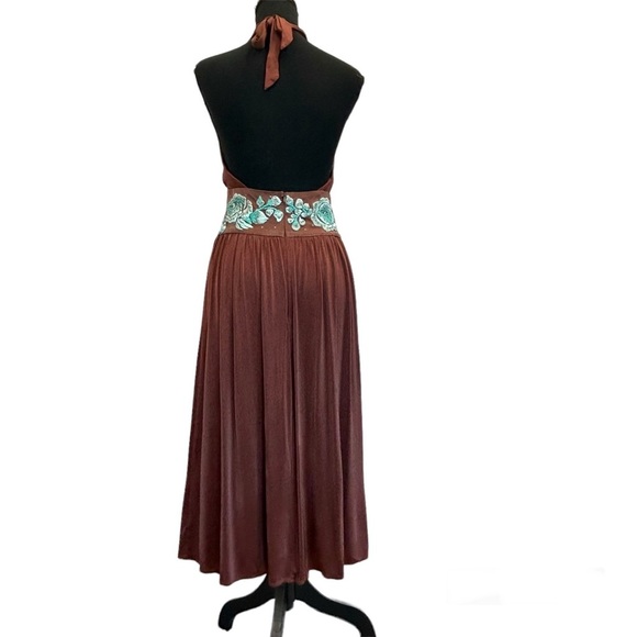 BCBGMAXAZRIA bronze brown teal embroidered beaded flower halter dress - Picture 5 of 16